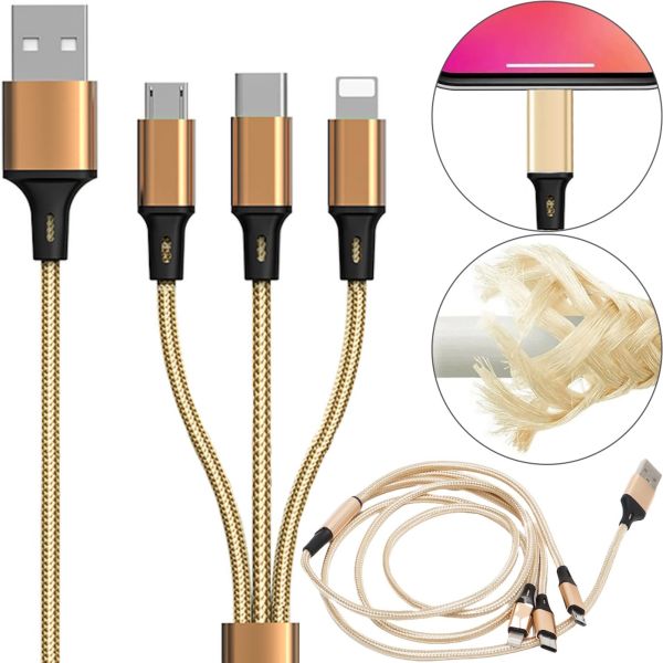 Proda Azeada Cavalry PD-B92th 3-in-1 USB Charging Cable (Micro-USB, Type-C, Lightning) for Charging Phones, 1.5 m, 2.4 A Charging Cable, Gold