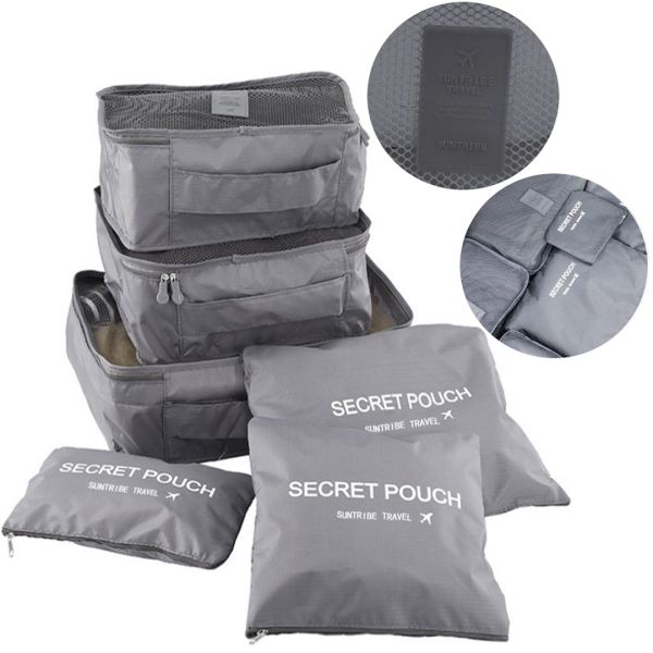 Набор дорожных сумок органайзеров Secret Pouch 6 штук Серые, чехлы мешки для хранения одежды в чемодане, водонепроницаемые для путешествий laundry