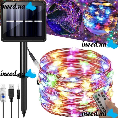 Уличная светодиодная гирлянда Solar String Lights 12 метров 100 LED RGB диодов с солнечной панелью, Водонепроницаемая Роса с пультом Мультицветная
