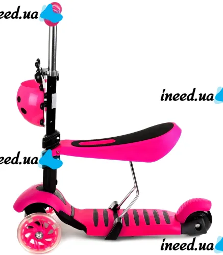 Триколісний дитячий самокат беговел Scooter FYS-2864 Pink 5 в 1 зі складним сидінням, батьківською ручкою та колесами, що світяться, для дітей Рожевий