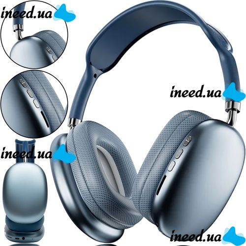 Накладні бездротові навушники Bluetooth Macaron P9 Max з Aux, повнорозмірні блютуз стереонавушники зі слотом карти пам'яті MicroSD, TF Card сині