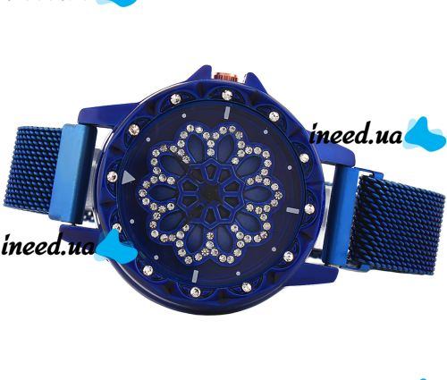 Жіночий наручний годинник Flower Diamond Rotation Watch Blue WJ-8052 з обертовим круглим роторним циферблатом і ремінцем на магнітній застібці Сині