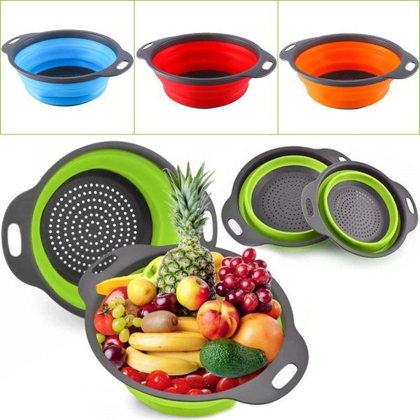 Складные силиконовые корзины Kitchen Craft W-86 для овощей и фруктов, комплект из 2 штук, набор дуршлагов со сливом для мытья 24.5 см, 29 см