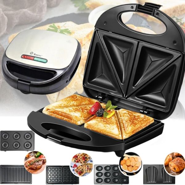 Электрическая сендвичница бутербродница мультипекарь 6 в 1 Domotec MS-7706 1000W со съемными формами гриль, вафельница, орешница 1000 Вт Электрогриль