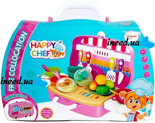 Дитячий ігровий набір Happy Chef 678 - 101А Іграшкова кухня у валізі на 21 предмет, валізка на колесах для гри в кухаря від 5 років Рожевий