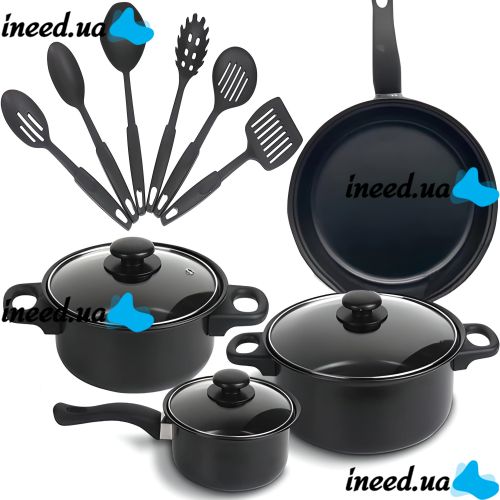 Kitchen tableware set 13 in 1 Royal Mark LY-381 with non-stick coating, Set of 13 items pot, frying pan and kitchen utensils 