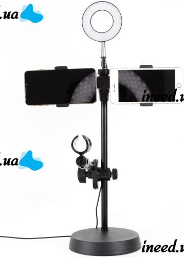 Кільцева LED лампа Phone Stand Youtuber HA - 12 селфи лампа 16 см настільний штатив з підставкою для мікрофона і двома тримачами для телефону від USB