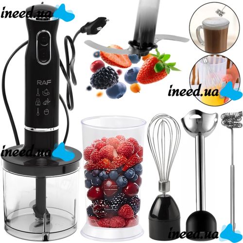 Погружной кухонный блендер Raf R.314B Blender Set 5 в 1 800W электрический ручной миксер измельчитель с венчиком, мерным стаканом и насадками R-314B