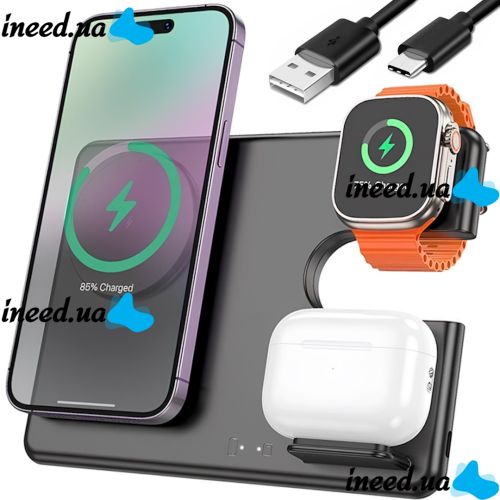 Wireless Charger Hoco Qi Geek Folding Black 3 in 1 Magnetic Charging Magsafe for Phone and Headphones IOS Android Type-C CQ1 Black