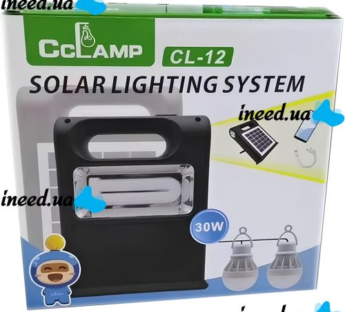 Портативная солнечная станция CcLamp CL-12 30W аккумуляторный светодиодный LED фонарь повербанк с 2 лампочками на солнечной батареи Power Bank
