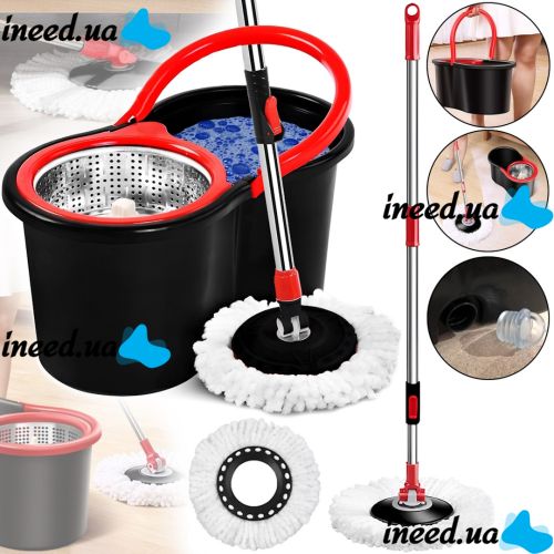 Комплект швабра з турбо віджимом і відром Spin Mop 360 10 л набір для прибирання та миття підлоги Magic Mop телескопічна швабра з насадкою з мікрофібри
