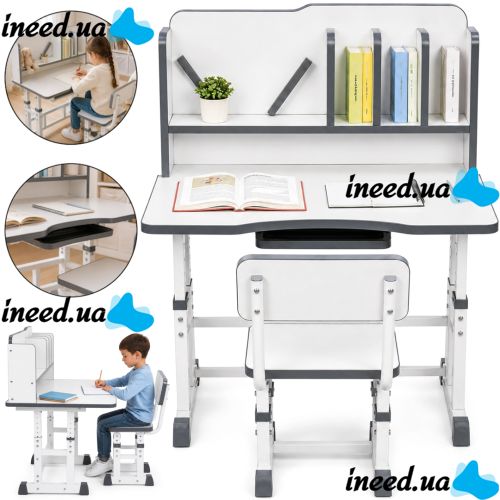Bambi JU-5129 Convertible Children's Desk and Chair Set—Height-Adjustable Desk and Chair with Shelves and Backpack Holder, 26X-158, Gray