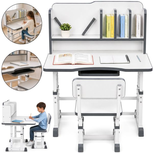 Bambi JU-5129 Convertible Children's Desk and Chair Set—Height-Adjustable Desk and Chair with Shelves and Backpack Holder, 26X-158, Gray