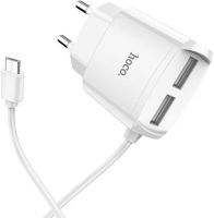 Сетевое зарядное устройство Hoco C59A 2USB адаптер USB с цельным кабелем MicroUSB блок питания на 2 порта для зарядки телефонов 15W 220V 2.4A Белый