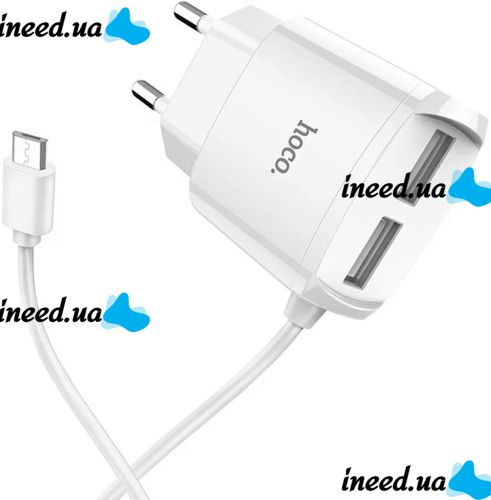 Сетевое зарядное устройство Hoco C59A 2USB адаптер USB с цельным кабелем MicroUSB блок питания на 2 порта для зарядки телефонов 15W 220V 2.4A Белый