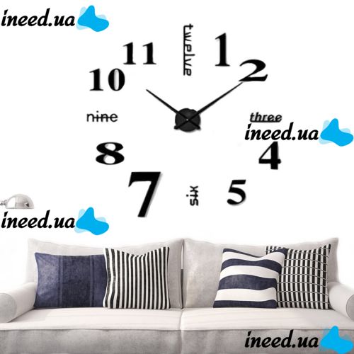 Великі 3D безшумні настінні годинники Diy Clock ZH01510 BLACK 90 см, Безкаракасні самоклеючі 3Д годинник цифри на стіну для дому, офісу чорні