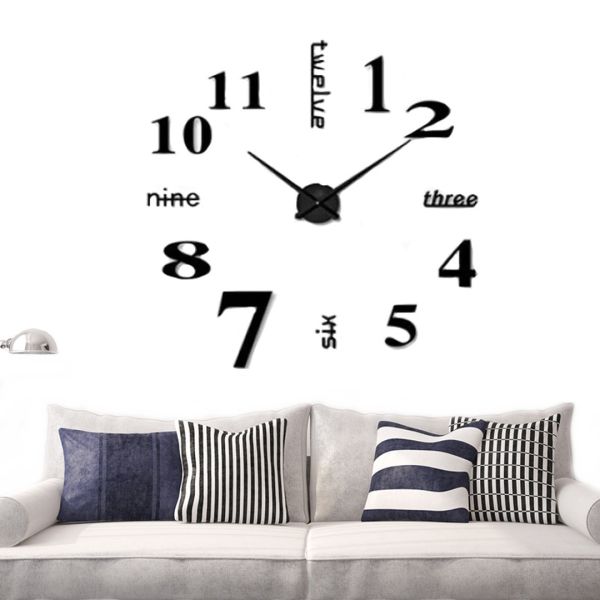 Большие 3D бесшумные настенные часы Diy Clock ZH01510 BLACK 90 см, Бескаракасные самоклеющиеся 3Д часы Цифры на стену для дома, офиса Черные