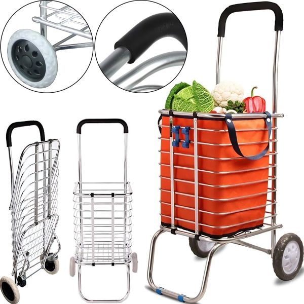 Складная тележка Shopping Cart XS-2 с корзиной для покупок до 65 кг 42x39x91 см, Бытовая раскладная тачка корзина на колесах с ручкой Серебристая