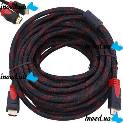 Усиленный кабель Hdmi to Hdmi 10м 1080p в обмотке Кабель-удлинитель HDMI-HDMI 10m 10 m, 10 м для монитора и телевизора в оплетке Черно Красный
