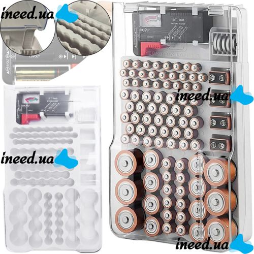 Organizer storage case for batteries and accumulators Battery Master AND584 with tester BT-168 for 93 pcs, Plastic case box with hinged lid
