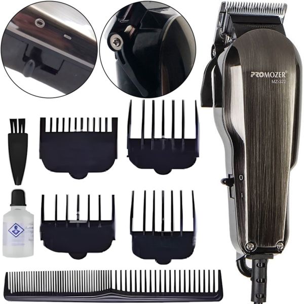 Mozer MZ-322 professional corded hair clipper with blade length adjustment and 4 attachments, Mozer mains powered trimmer machine