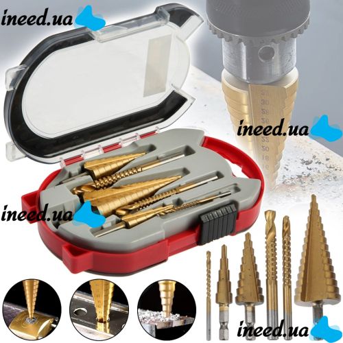 Set of Satra S-SDS6 step taper drill bits 6 pieces 4-32 mm set of titanium coated metal cutters for drill and screwdriver in a case