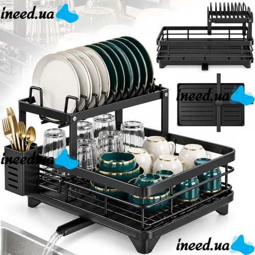 BauTech MA-336 Two-Tier Dish Dryer: Countertop Organizer with Automatic Drain Tray, 2-Tier Rack for Drying and Storage