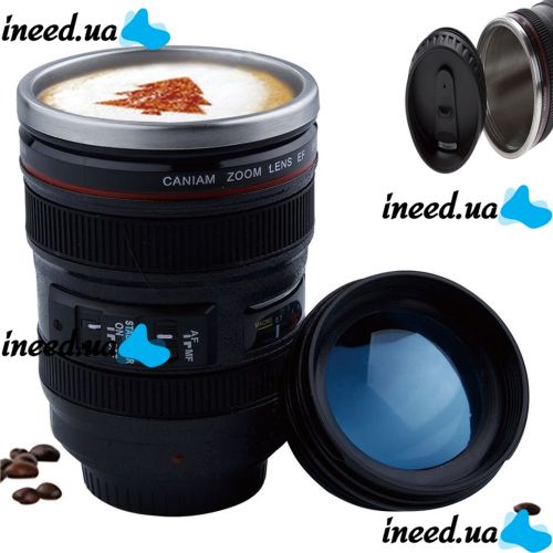Кружка термос у вигляді об'єктива від фотоапарата Canon EF 24-105, Термокружка об'єктив 350 мл, Термо чашка з кришкою, Чорна