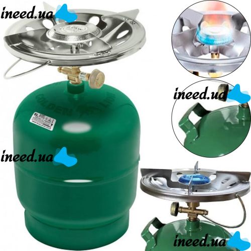 Tourist gas cylinder Golden Lion Rudyy Picnic-SV with a burner of 12 liters 5 kg 2.5kW, Household Propane cylinder with piezo ignition and handle PK-3 Green