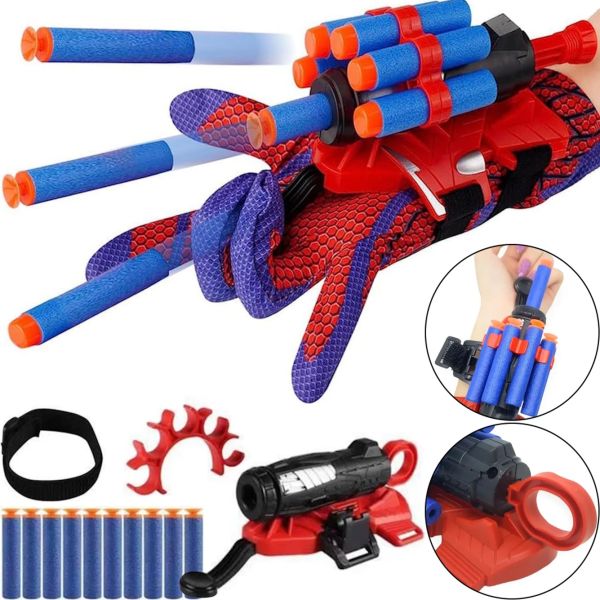 Детская игрушка перчатка бластер Человек паук Spider man gloves с 10 мягкими пулями, Игрушечное оружие пистолет Спайдер мен на руку с барабаном