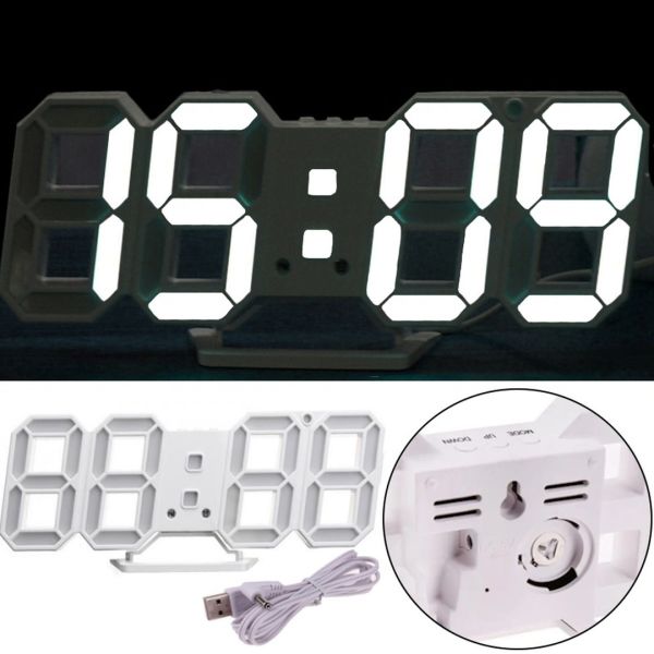 Электронные настольные 3D часы с белой LED подсветкой Generic LY-1089, Светодиодные цифровые настенные часы с будильником и датой Белые