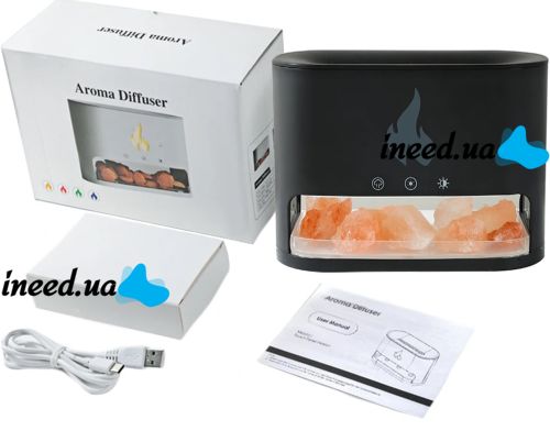 Настільний зволожувач повітря нічник з соляними каменями Docsal Flame Aroma Diffuser CAO з LED підсвічуванням 5W, соляна лампа аромадифузор Чорний