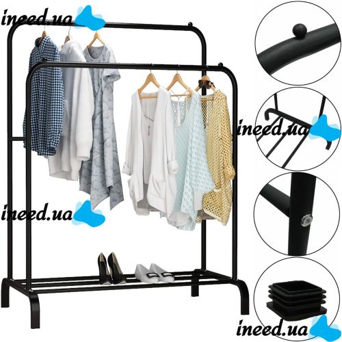 Подвійна стійка вішалка Double Floor Hanger 162х130 см для одягу і полицею для взуття, підлогова стійка-вішалка зі штангою на ніжках до 30 кг чорна