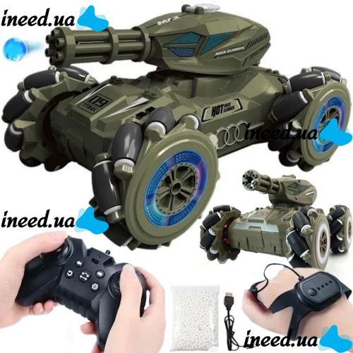 Дитячий всюдихід з кулеметом Tracked Tank Pank Shooter стріляє кульками на радіокеруванні від руки і пульта, акумуляторний танк 1500 mah Зелений