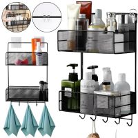 Wall shelf organizer Stenson TD01335-M on 2 tiers with hooks, hanging metal double-drawer basket for bathroom and kitchen Black CY-0172