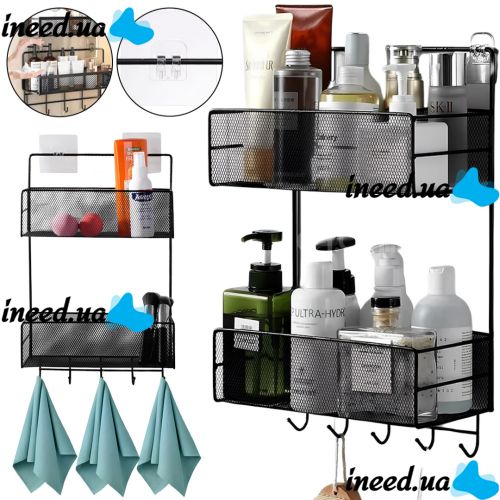 Wall shelf organizer Stenson TD01335-M on 2 tiers with hooks, hanging metal double-drawer basket for bathroom and kitchen Black CY-0172