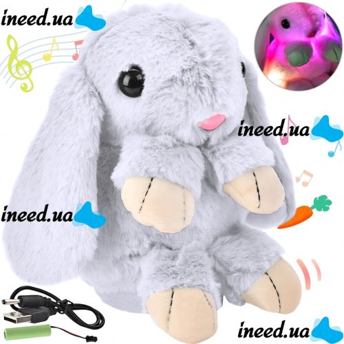 Музичний плюшевий зайчик Repeat Happy Rabbit FJ8888 White дитяча м'яка іграшка заєць із підсвічуванням і звуковими ефектами на акумуляторі від USB
