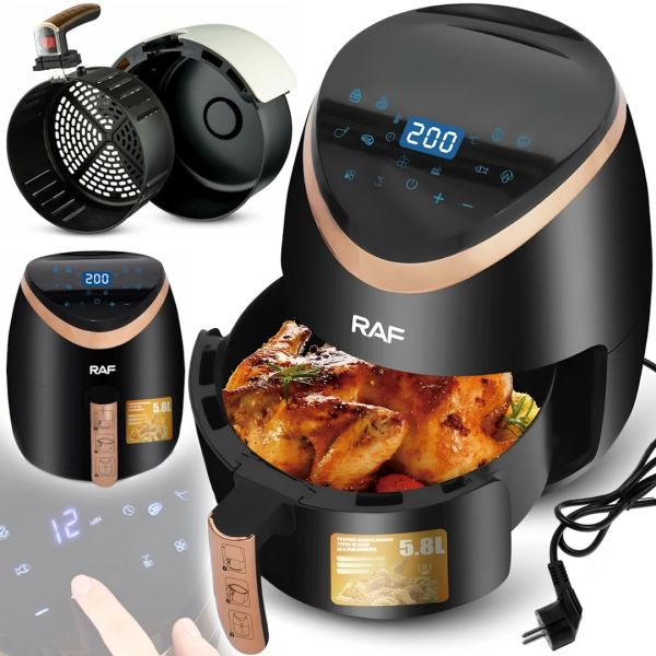 Безмасляная аэрогриль RAF Air Fryer R.5234B на 5.8 л электрическая воздушная аэрофритюрница для приготовления еды без масла 7 программ 1500W Черная