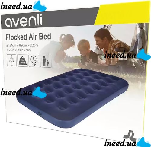 Inflatable Single mattress Avenli Flocked Air Bed Single 191x99x22cm up to 150 kg with velour coating, Inflatable bed for 1 place with pump Blue