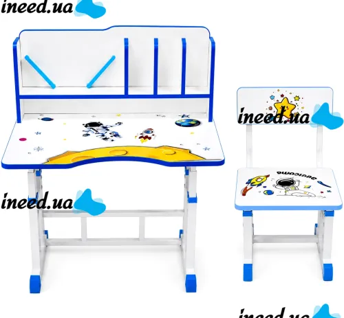 Bambi JU-5129 Convertible Children's Desk and Chair Set—Height-Adjustable Desk and Chair with Shelves and Backpack Holder, 26X-156, Blue