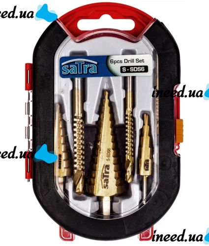 Set of Satra S-SDS6 step taper drill bits 6 pieces 4-32 mm set of titanium coated metal cutters for drill and screwdriver in a case