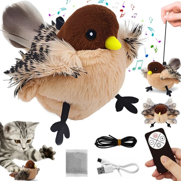 Интерактивная игрушка дразнилка для кошек Flapping Bird Cat Toy LY-867 летающая птица Воробей со звуковым чипом, кошачьей мятой и пультом ДУ от USB