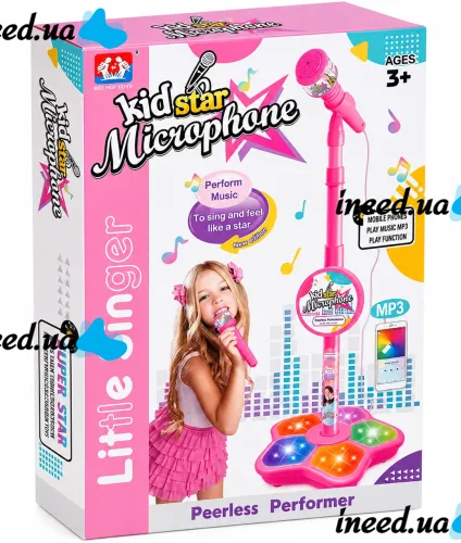 Kid Star Microphone 5352A for Kids on an Adjustable Stand with Backlight, Karaoke with Sound Effects, and MP3, for Children Ages 3 and Up—Pink