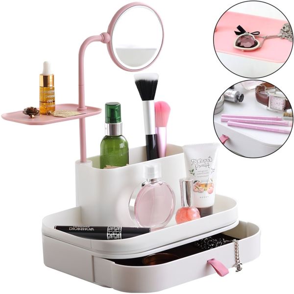 Органайзер для косметики Cosmetic organizer and mirror 7009 настольный бокс с зеркалом и выдвижными ящиками, полочки для хранения бижутерии Белый