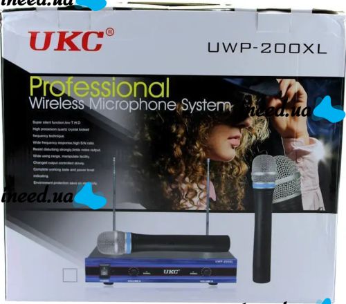 Радіосистема DM UWP-200 XL 2 мікрофони на батарейках для вокалу і караоке 21х14х43. 5 см професійна настільна база з антенами від мережі Чорна