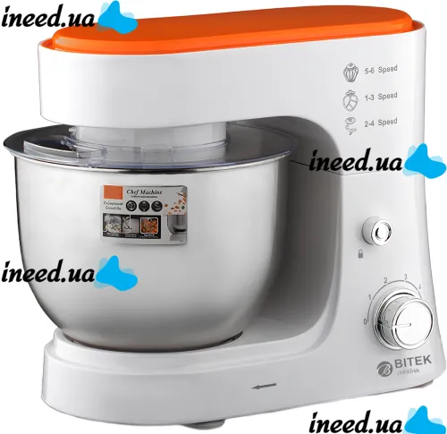 Kitchen planetary mixer Bitek BT-6611 with metal bowl 4 liters and attachments, stationary tabletop dough kneader 3000 watts