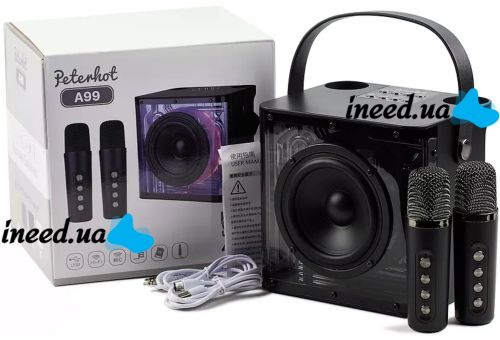 Rechargeable Karaoke Speaker Peterhot A99 Acoustic Bluetooth System with Two Wireless Microphones and RGB Color Music USB microSD CL-227