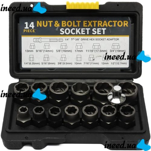 Nut Extractor ES-14 extractor kit a set of tools for removing and removing impact damaged bolts, nuts and screws in a case of 14 pieces