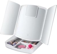 Desktop Triple Mirror with Magnification My Fold Away MA-17 Cosmetic Organizer for Storing Cosmetics and Battery-powered Makeup Backlight