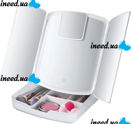 Desktop Triple Mirror with Magnification My Fold Away MA-17 Cosmetic Organizer for Storing Cosmetics and Battery-powered Makeup Backlight